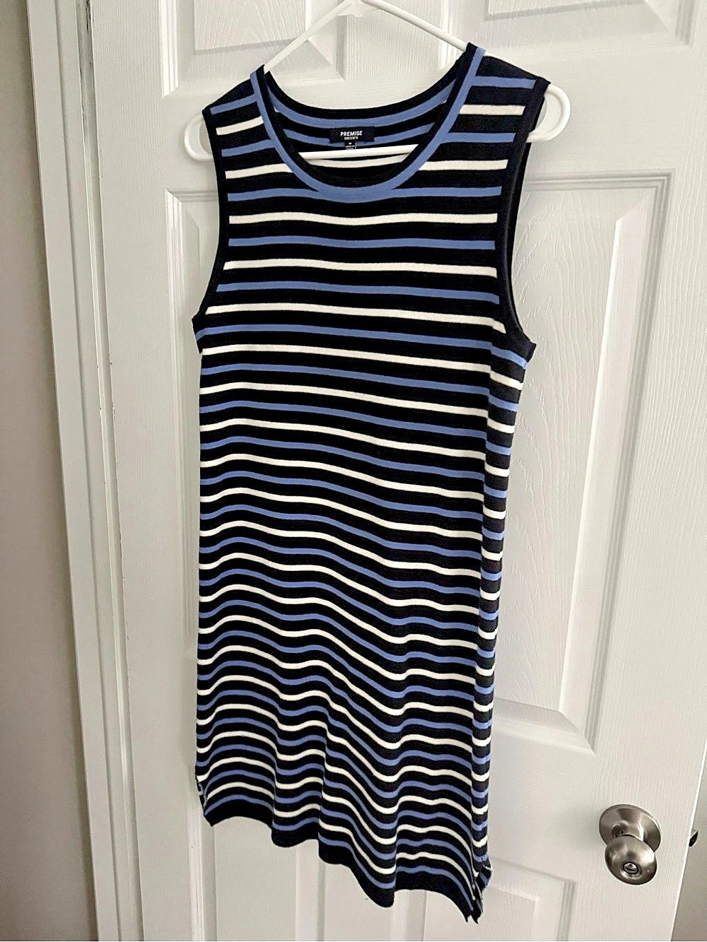 Premise Dresses Striped Lightweight Sweater Dress in Blue, White & Black stripe,